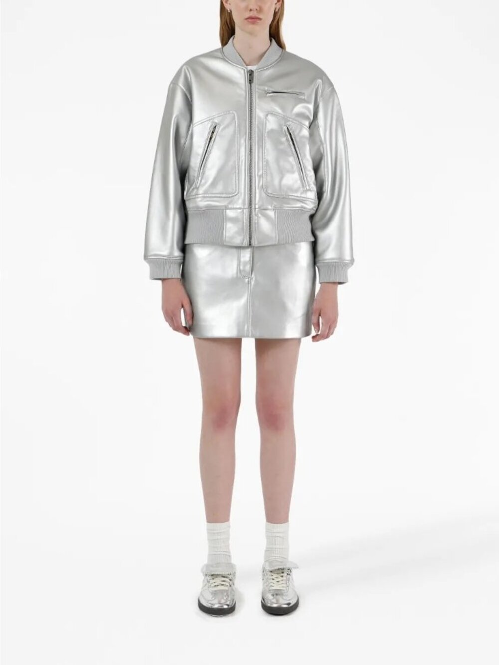 V-32. Apparis Metallic Effect Bomber Jacket Silver